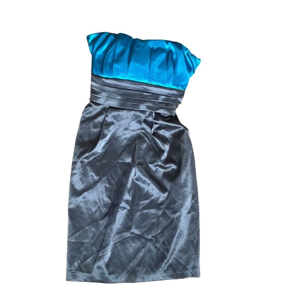 Teeze‎ Me Y2K Dress Teal Blue Gray Strapless Satin Party Cocktail Mini Dress
